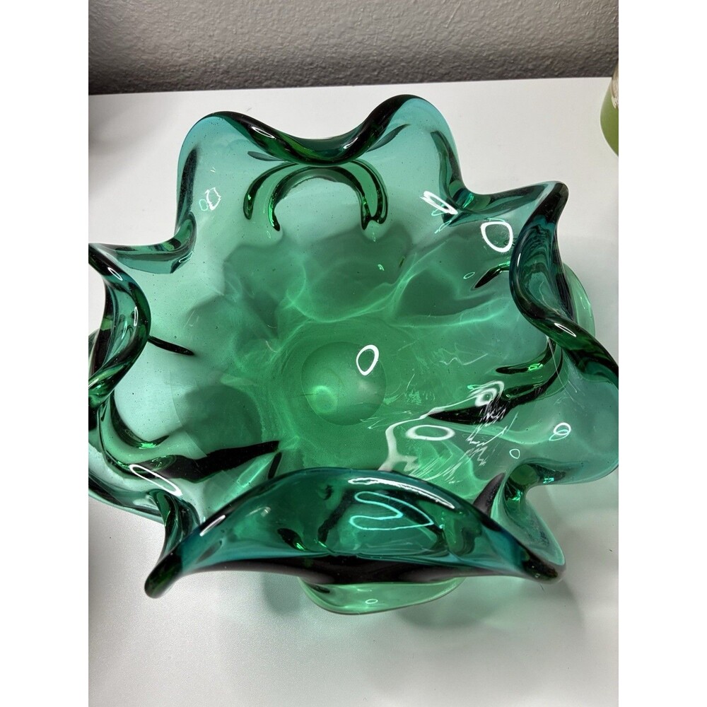 Vtg Murano Bowl Italian Art Glass Teal Vase Handblown MCM Green Decor Ashtray